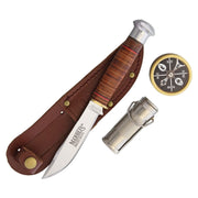 Set regalo: cuchillo 195 mm con funda de cuero, compás y caja metálica impermeable