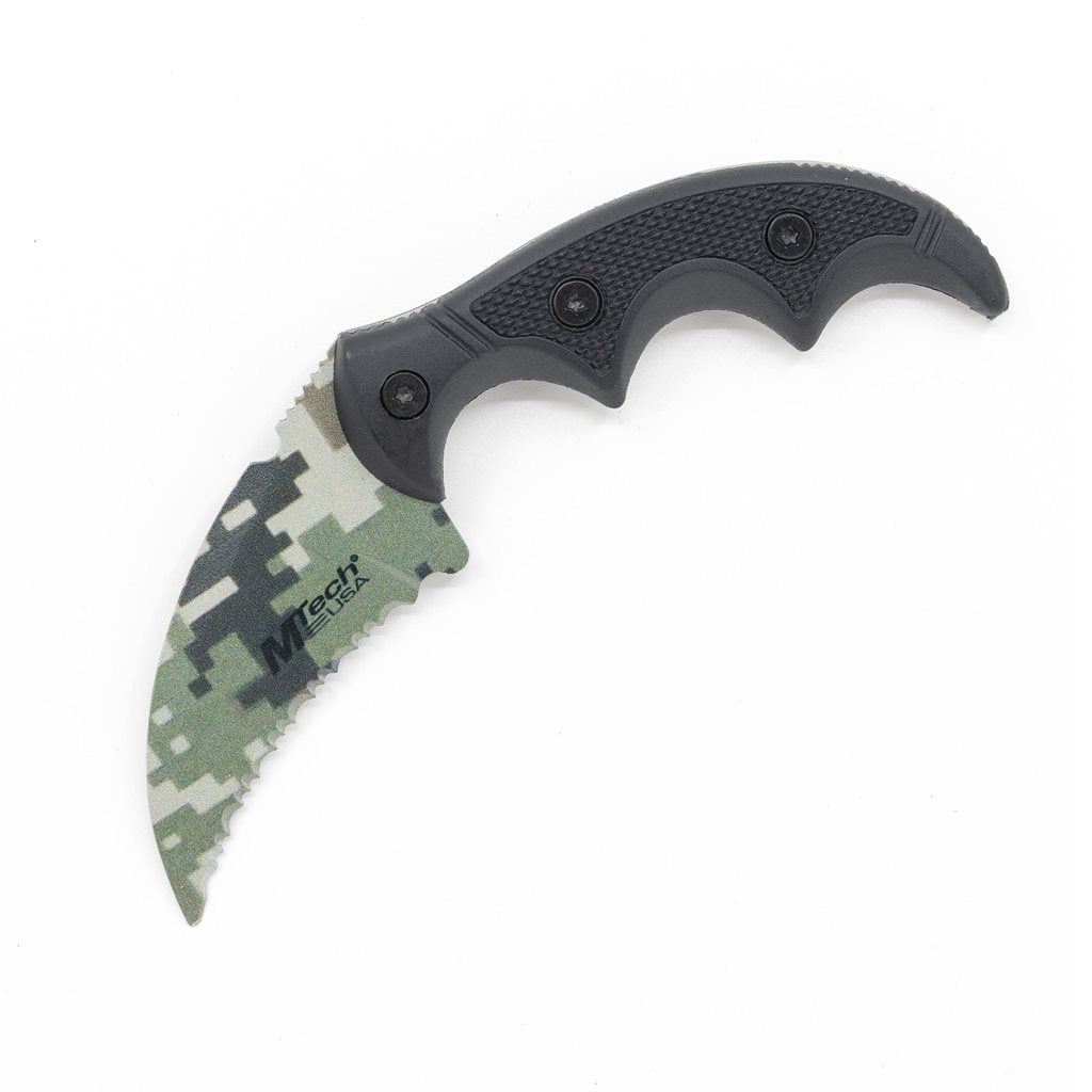 Cuchillo karambit con camuflaje digital y filo dentado, hoja de acero inoxidable, longitud total 12,5 cm