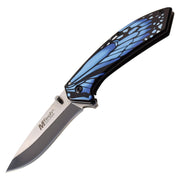 Navaja plegable con empuñadura azul de alas de mariposa, hoja lisa 76,2 mm en acero 3Cr13 y clip de bolsillo