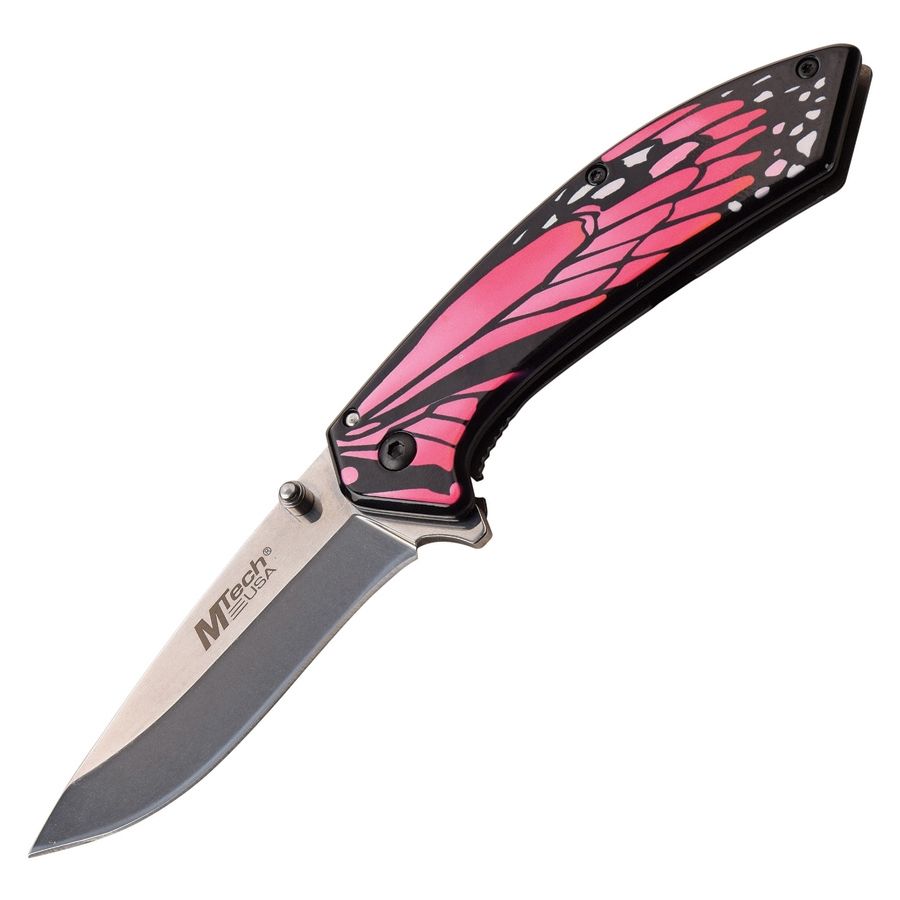 Navaja plegable rosa con motivo mariposa, hoja lisa 76,2 mm, acero 3Cr13, clip y cierre LinerLock