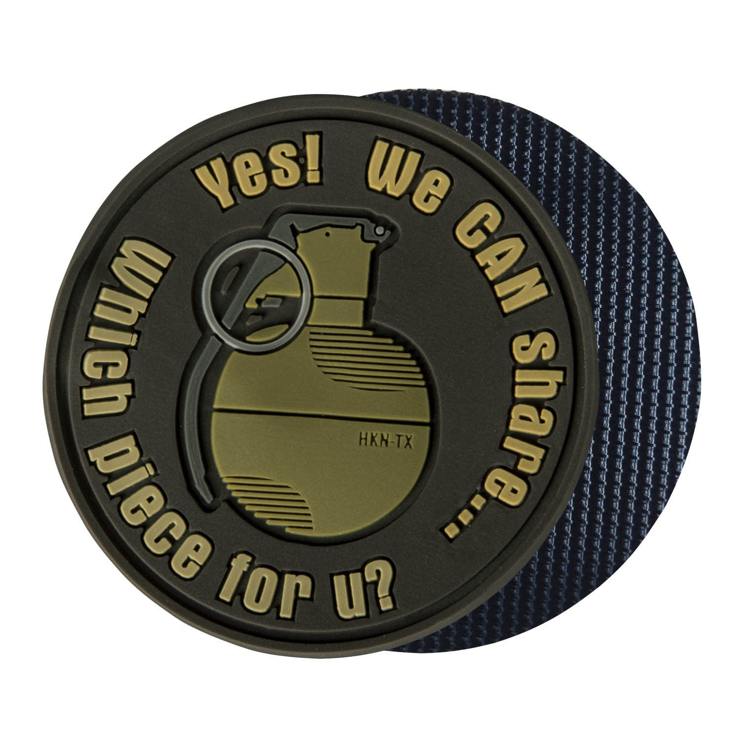 Parche velcro plástico gris con granada y texto 'Yes! We Can share' de HELIKON-TEX