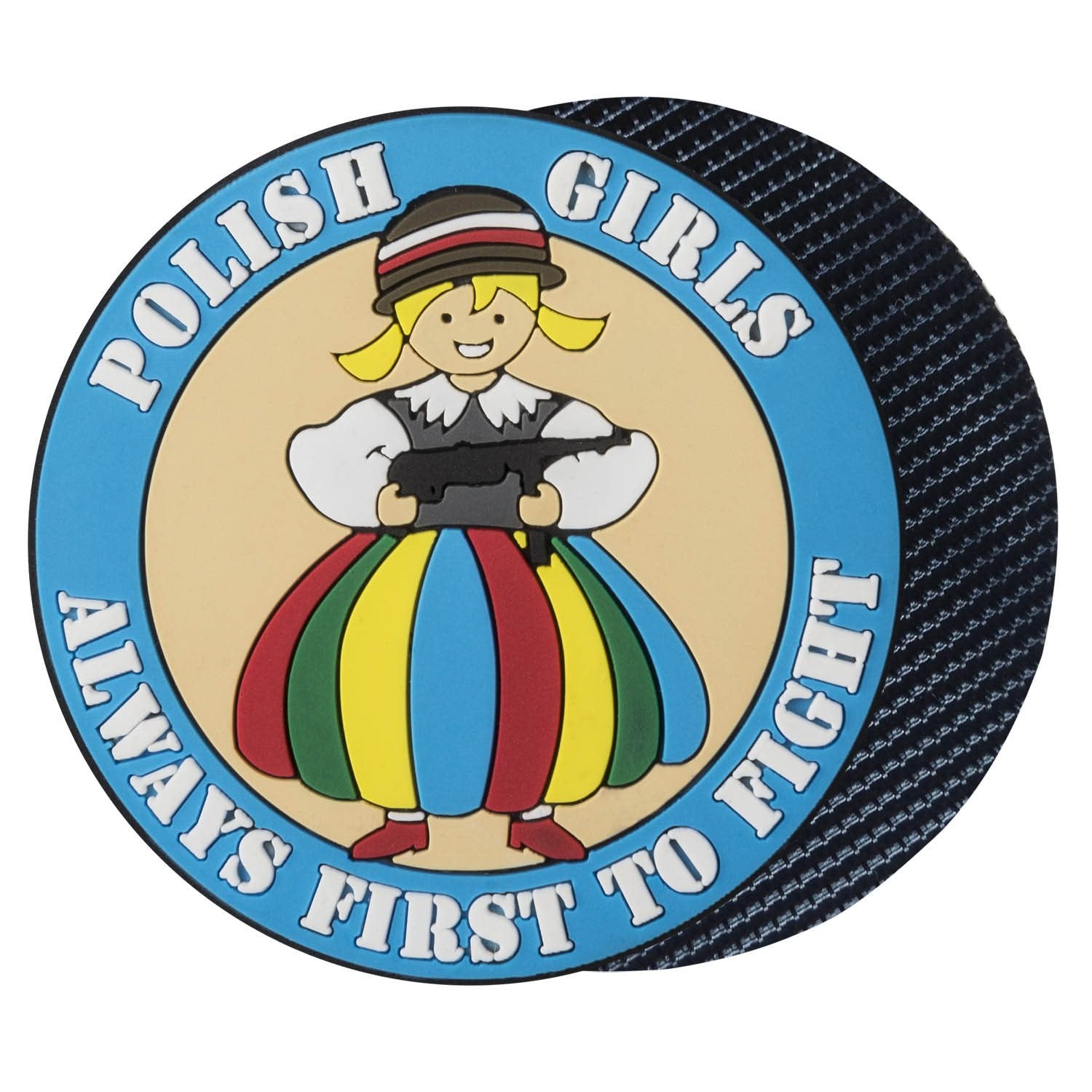 Parche PVC colorido con texto 'POLISH GIRLS ALWAYS FIRST TO FIGHT' y velcro, aprox. 55 x 55 mm