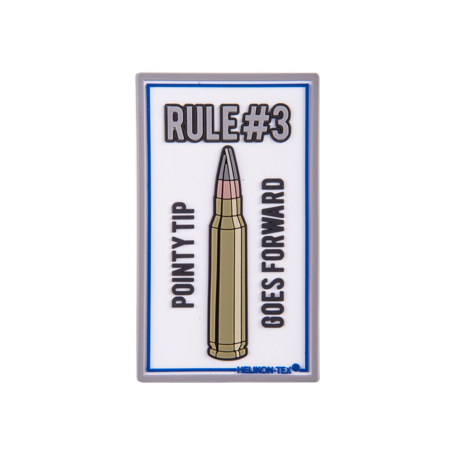 Parche PVC RULE#3 con velcro y texto "POINTY TIP GOES FORWARD" tamaño 7,5 x 4,5 mm