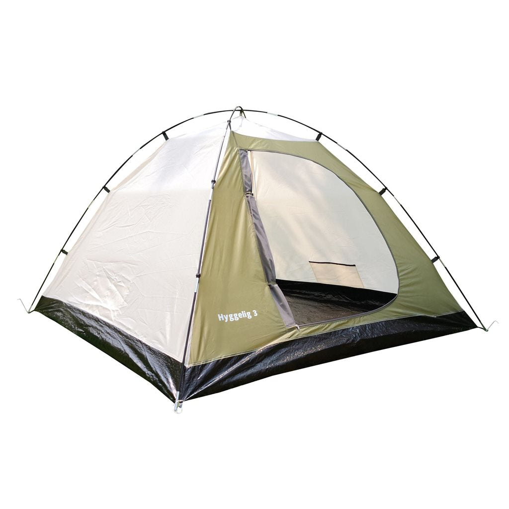 Tienda cúpula Hyggelig verde para 3 personas, poliéster resistente y suelo PE impermeable