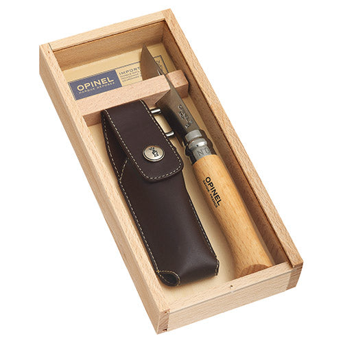 Navaja Opinel No.08 Olive con hoja de 85 mm, mango de olivo y funda de cuero