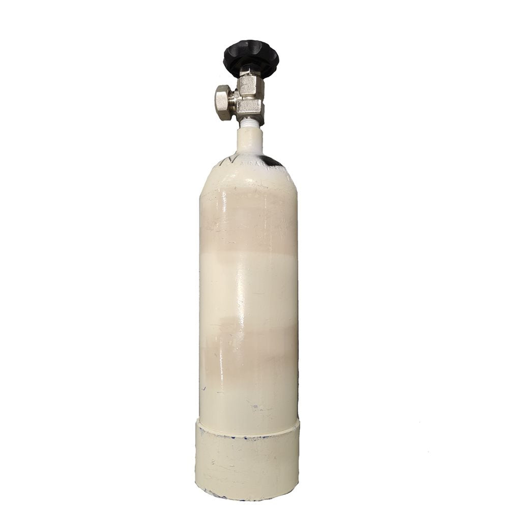Botella de oxígeno portátil usada, blanca o azul, foto ilustrativa