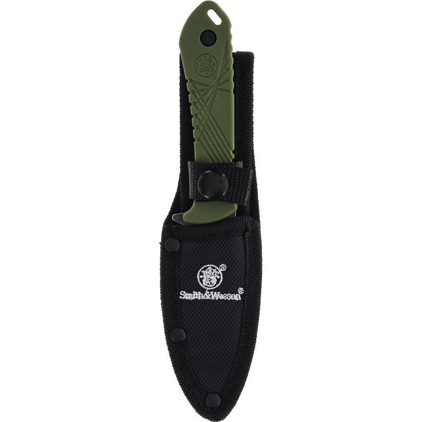 Cuchillo HRT de hoja fija verde con funda, acero inoxidable stonewash y mango de plastico
