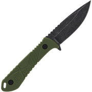 Cuchillo HRT de hoja fija verde con funda, acero inoxidable stonewash y mango de plastico