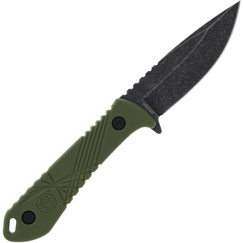 Cuchillo HRT de hoja fija verde con funda, acero inoxidable stonewash y mango de plastico