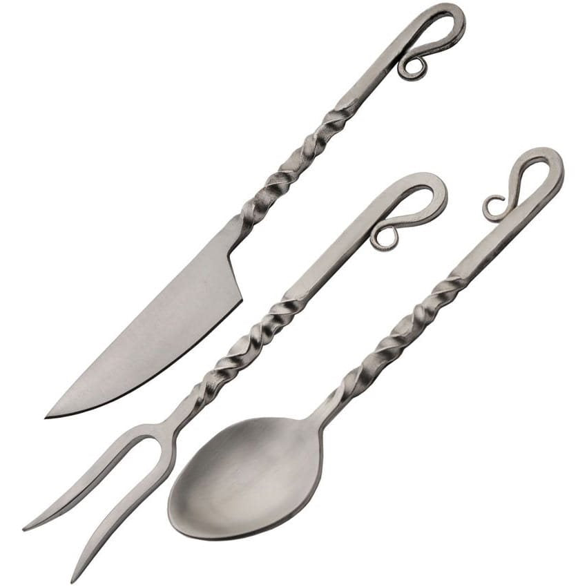 Juego de cubiertos TWISTED mate de 3 piezas con funda de cuero