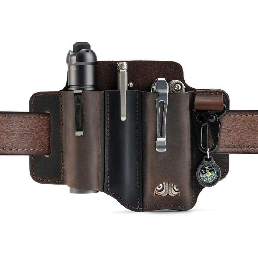 Funda de cinturón PJ29 en cuero marrón para multitool, boligrafo tactico y linterna