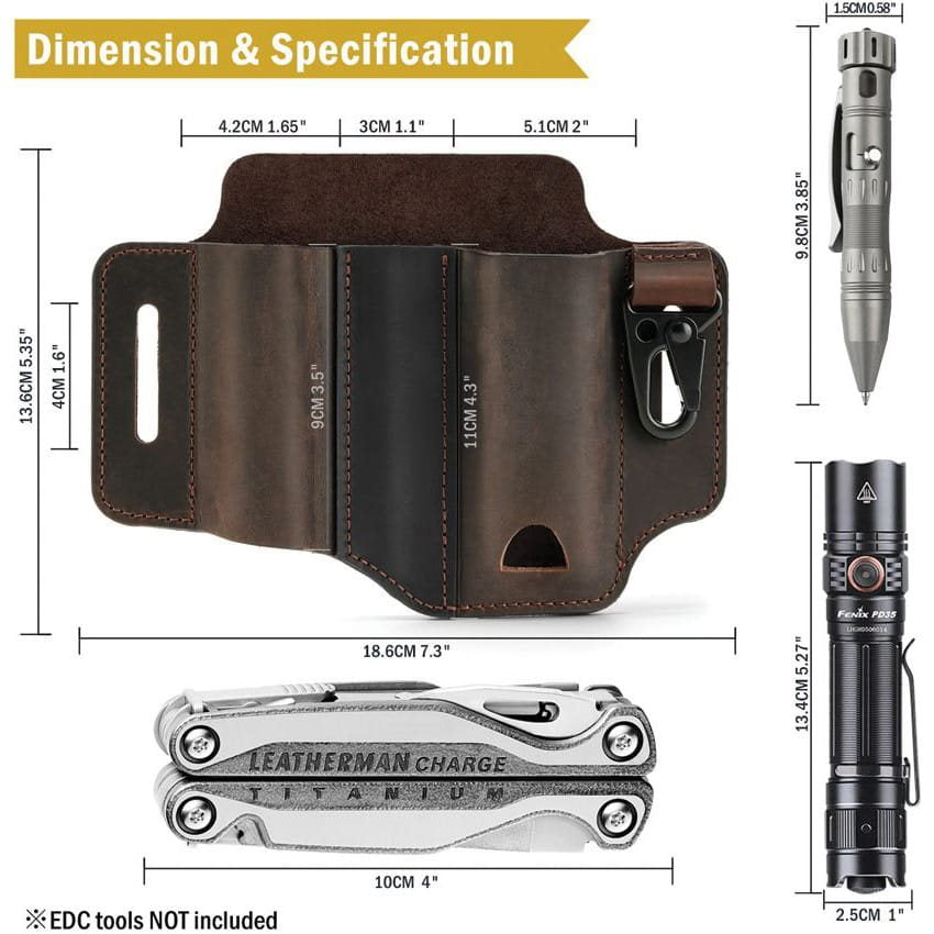 Funda de cinturón PJ29 en cuero marrón para multitool, boligrafo tactico y linterna