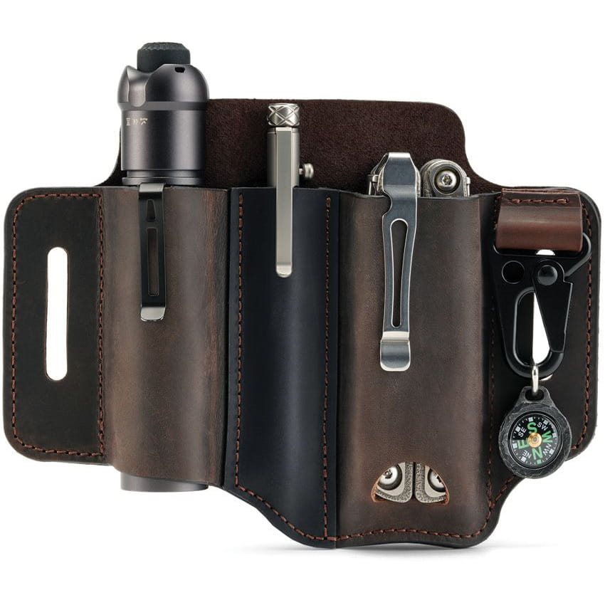 Funda de cinturón PJ29 en cuero marrón para multitool, boligrafo tactico y linterna