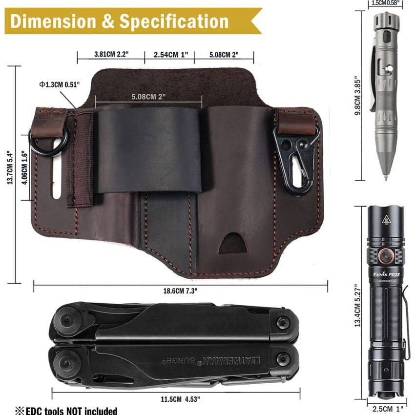 Funda de cuero marrón PJ36 para cinturón, compatible con linterna, navaja o alicates (herramientas no incluidas)