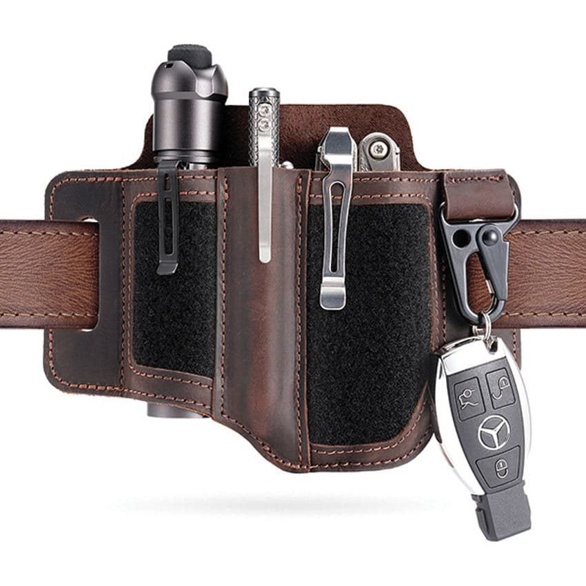 Funda de cinturón PL3 en piel marrón para multitool, bolígrafo táctico y linterna