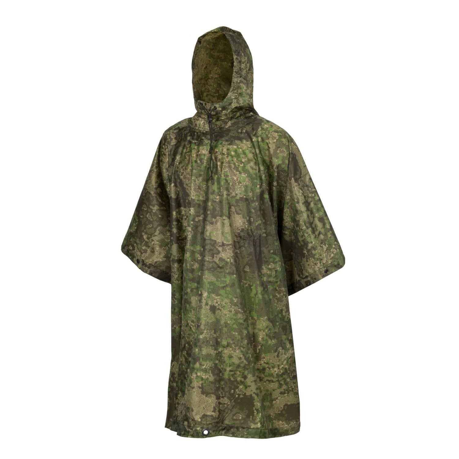 Poncho Helikon negro de tela rip-stop con capucha ajustable y ojales metálicos, peso 450 g