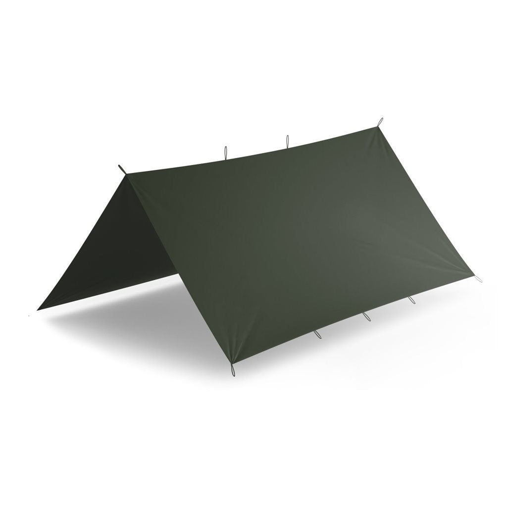 Lona bivac SUPERTARP® negra desplegada mostrando el material nylon impermeable