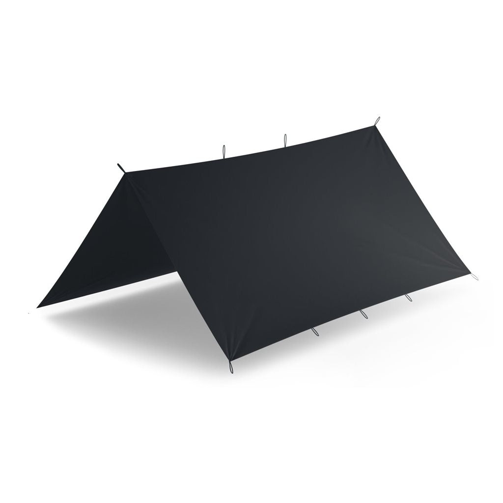 Lona de bivouac SUPERTARP® negra extendida, nylon impermeable, tamaño aproximado 3x3 m