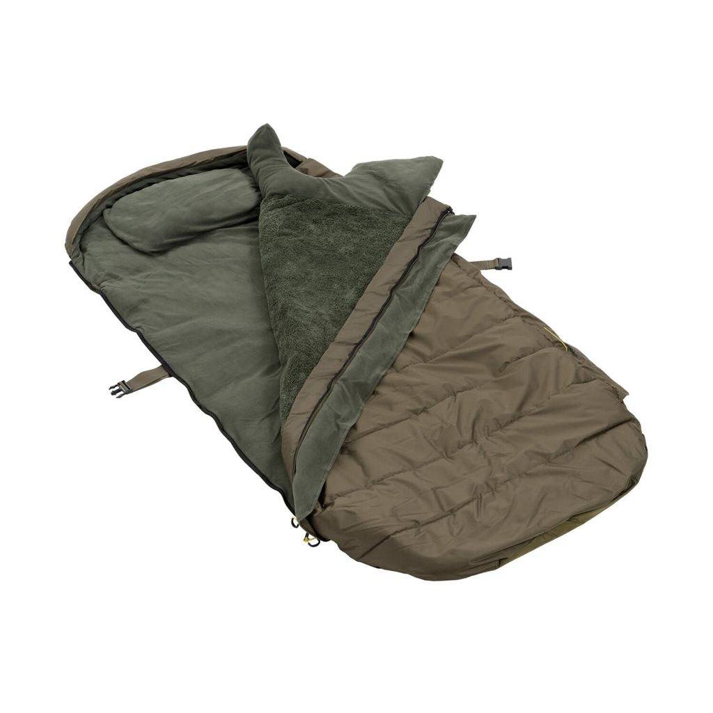 Saco de dormir PROFESSIONAL 5 verde, 230 x 102 cm, exterior rip‑stop impermeable y forro polar de pelo largo