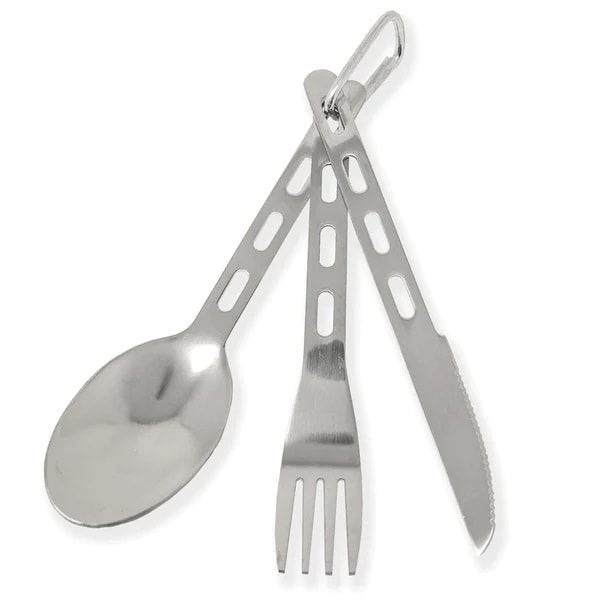 Cuchillo, tenedor y cuchara de acero inoxidable 304 unidos por un mosquetón