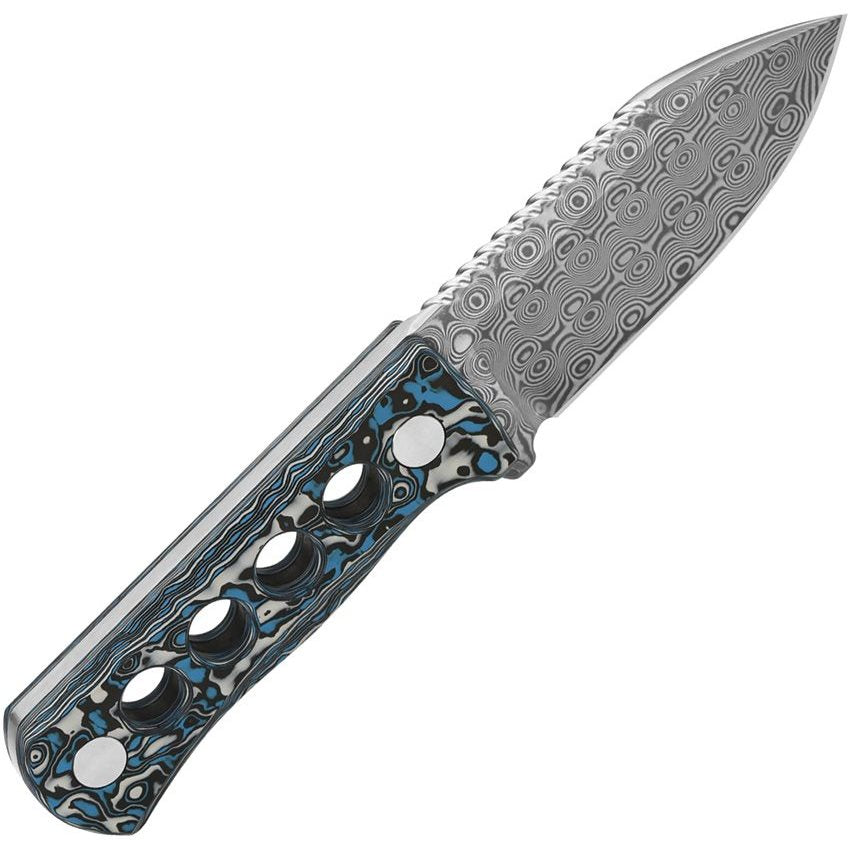 Cuchillo CANARY de hoja fija en acero damasco con mango de fibra de carbono y funda Kydex para cuello