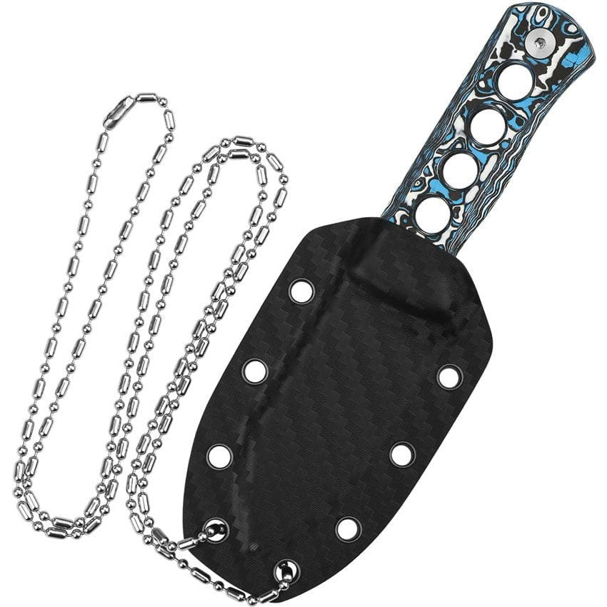 Cuchillo CANARY de hoja fija en acero damasco con mango de fibra de carbono y funda Kydex para cuello