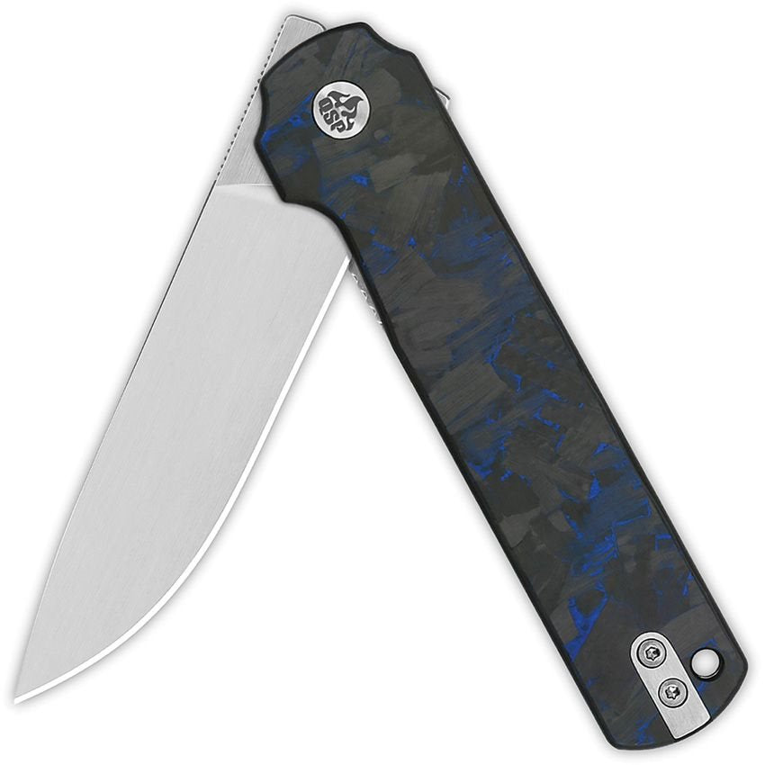 Navaja LARK EDC con filo liso y cachas de fibra de carbono negras y azules