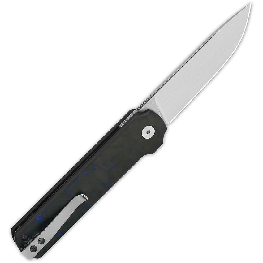 Navaja LARK EDC con filo liso y cachas de fibra de carbono negras y azules