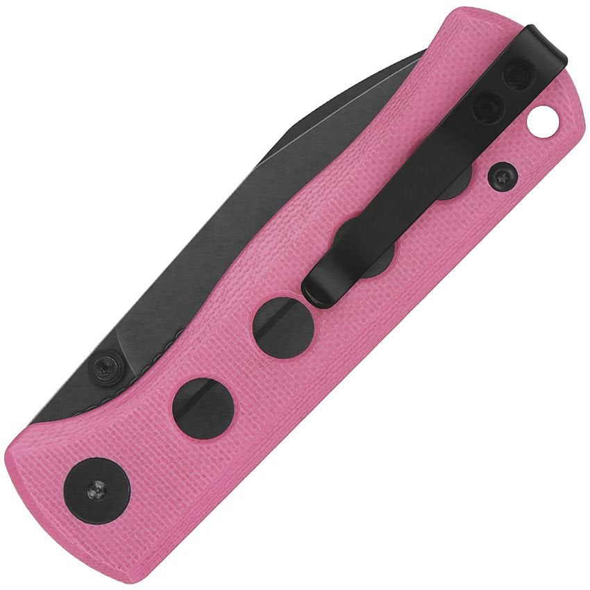 Navaja plegable CANARY rosa con hoja Sandvik 14C28N pavonada y mango G10 antideslizante