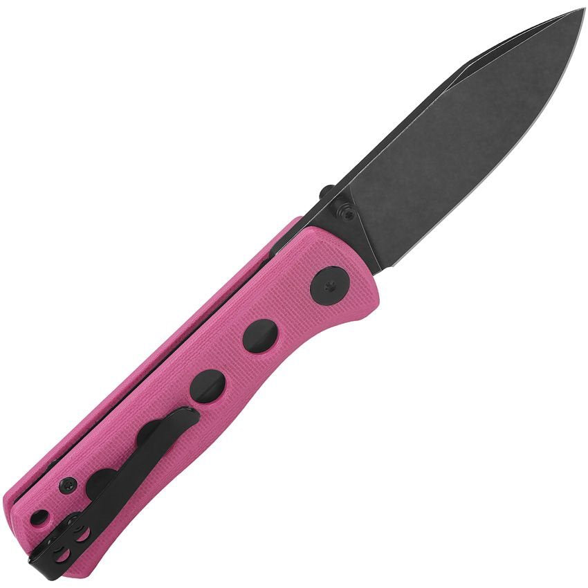 Navaja plegable CANARY rosa con hoja Sandvik 14C28N pavonada y mango G10 antideslizante