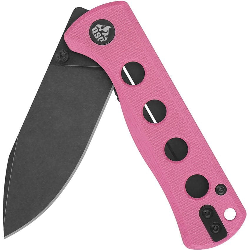 Navaja plegable CANARY rosa con hoja Sandvik 14C28N pavonada y mango G10 antideslizante