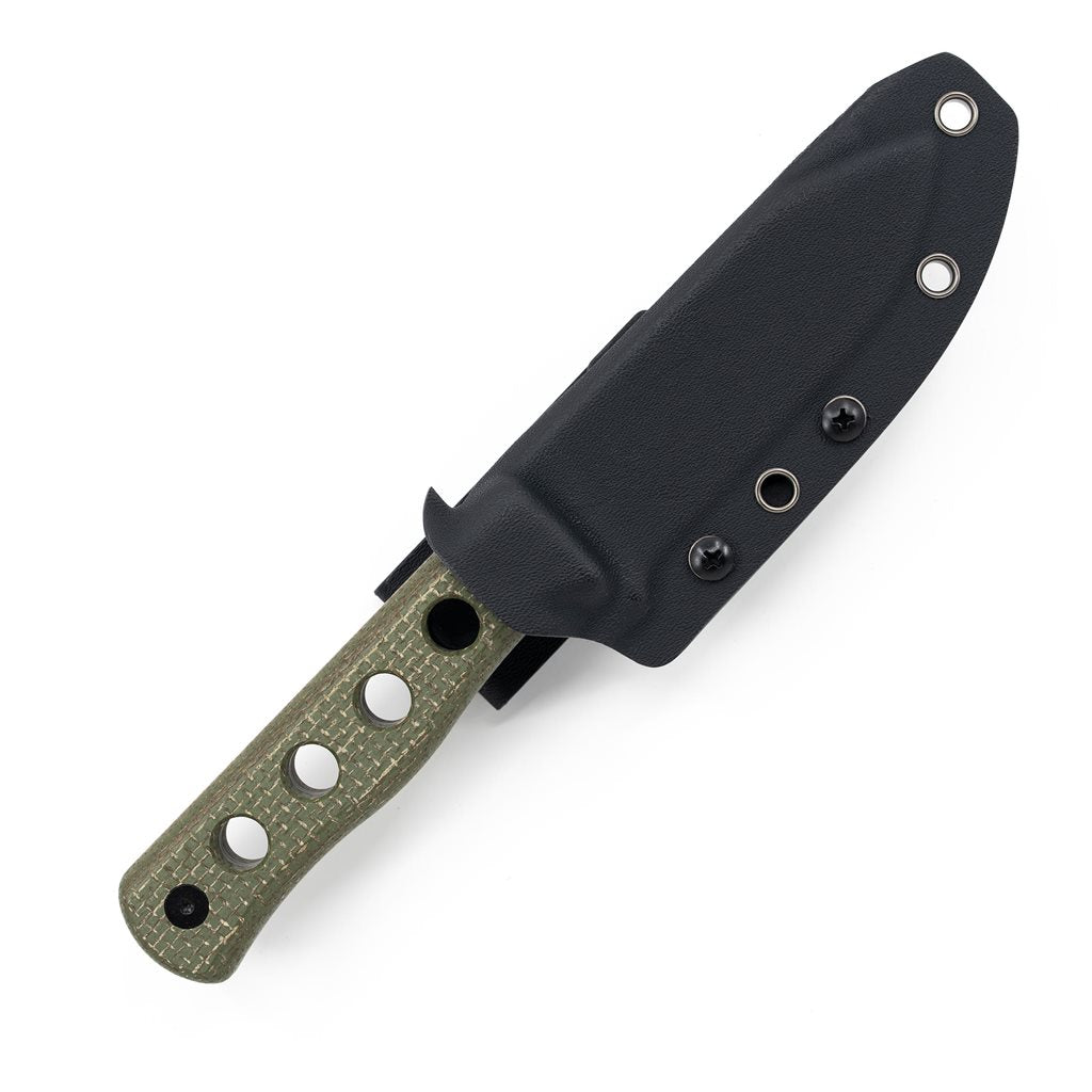 Cuchillo CANARY verde hoja fija acero Cr8Mo2VSi, cachas Micarta y funda kydex negra