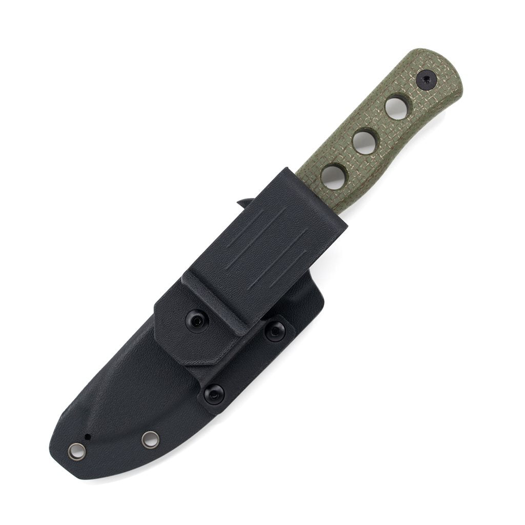 Cuchillo CANARY verde hoja fija acero Cr8Mo2VSi, cachas Micarta y funda kydex negra