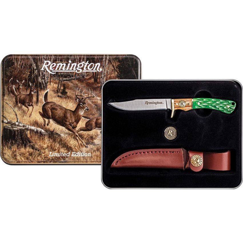 Cuchillo fijo REMINGTON WHITETAILS con hoja Clip Point, mango de madera y hueso y funda de cuero