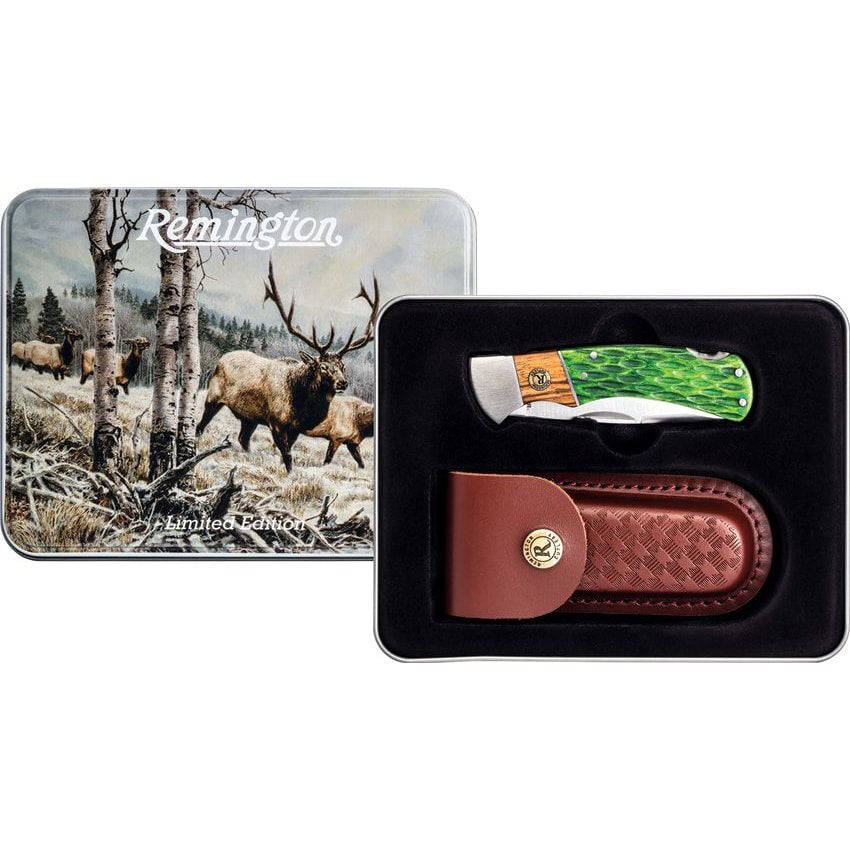 Navaja Remington Rocky Mountain edición limitada en estuche metálico, hoja de acero inoxidable y mango de acero, madera y hueso verde