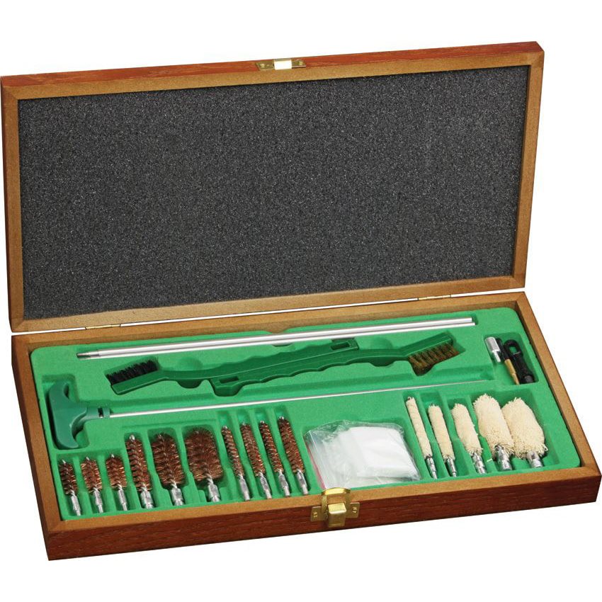 Kit de limpieza Remington Sportsman 27 piezas en caja de madera para calibres .22-.12, varilla de aluminio, cepillos laton y tela