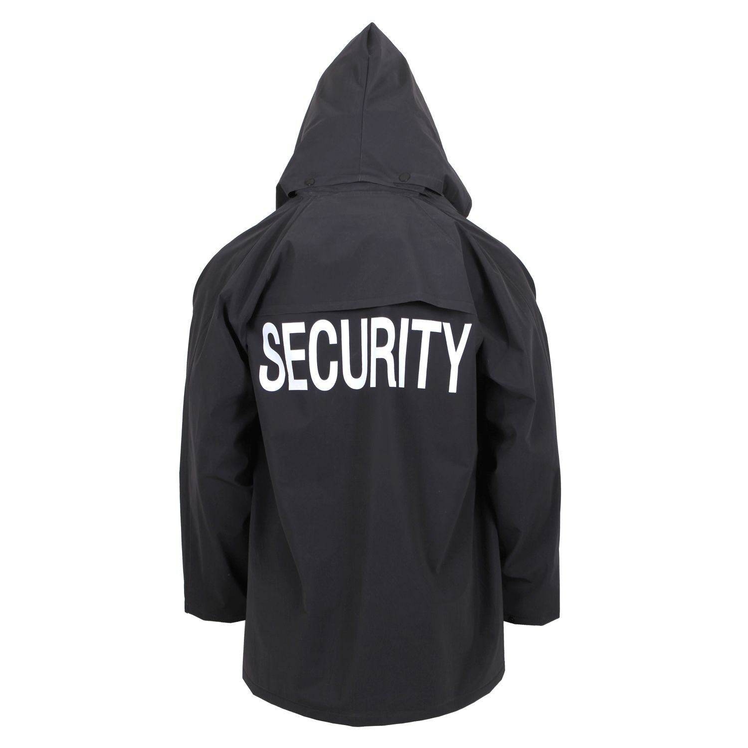 Chaqueta impermeable SECURITY negra con capucha, rótulo grande en la espalda y pequeño en el pecho