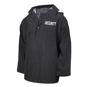 Chaqueta impermeable SECURITY negra con capucha, rótulo grande en la espalda y pequeño en el pecho