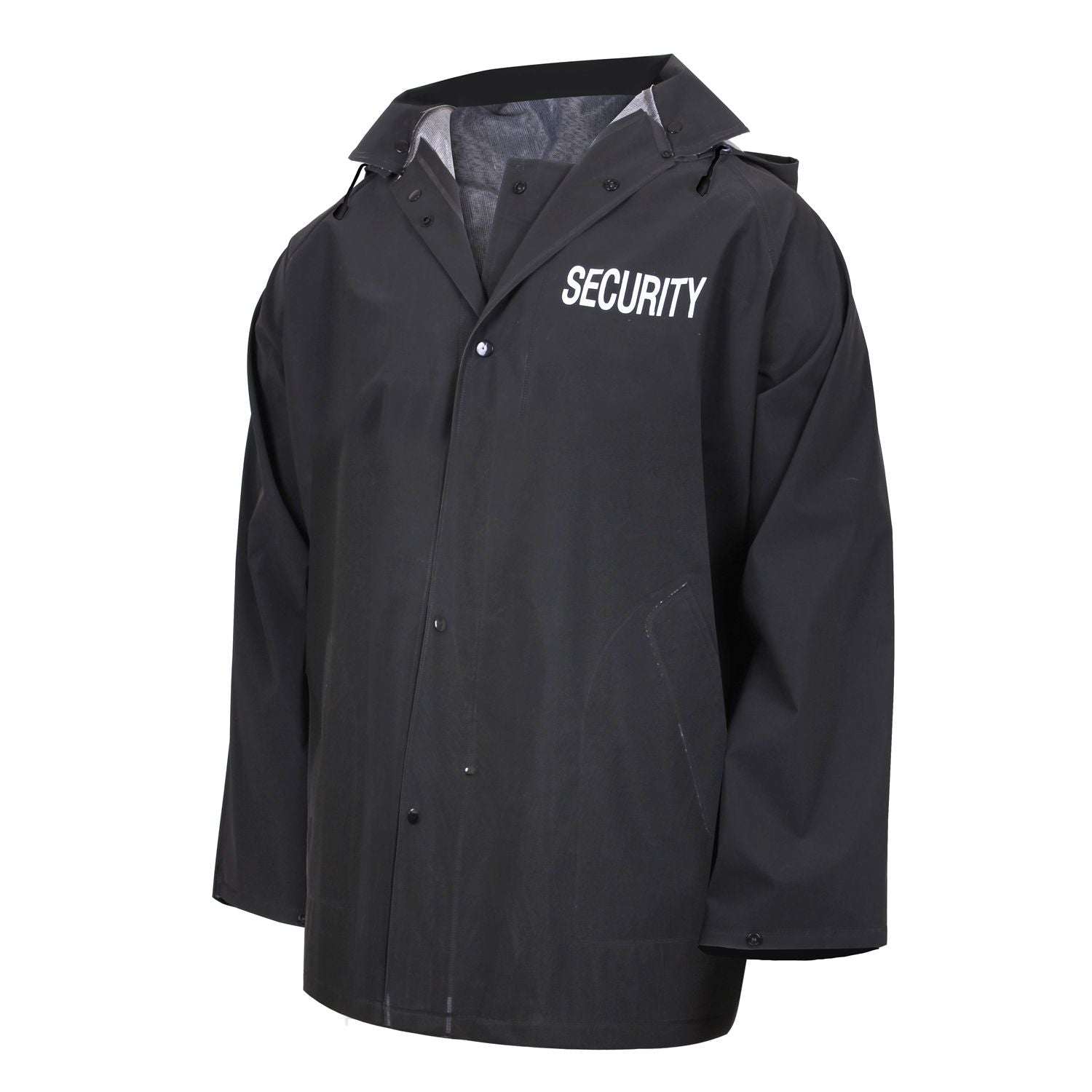 Chaqueta impermeable SECURITY negra con capucha, rótulo grande en la espalda y pequeño en el pecho