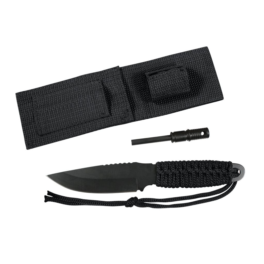 Cuchillo PARACORD de hoja fija con mango envuelto en paracord negro, incluye funda y pedernal