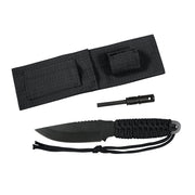 Cuchillo PARACORD de hoja fija con mango envuelto en paracord negro, incluye funda y pedernal