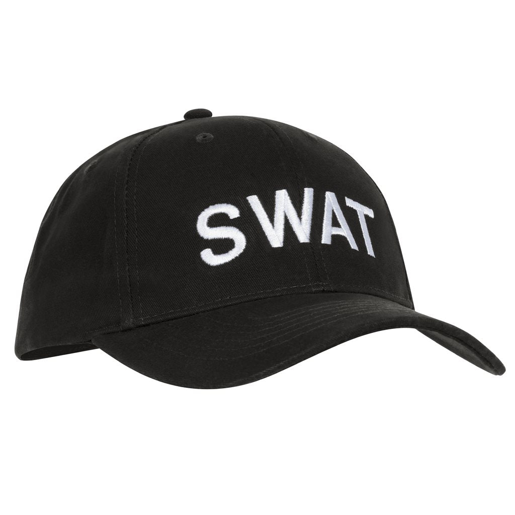 Gorra SWAT negra de béisbol con texto blanco y cierre ajustable