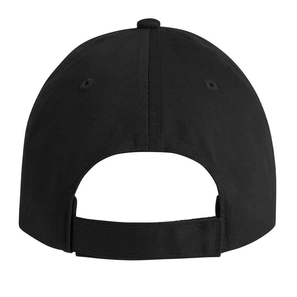 Gorra de béisbol negra de cinco paneles con banda de sudor acolchada y correa ajustable con hebilla metálica