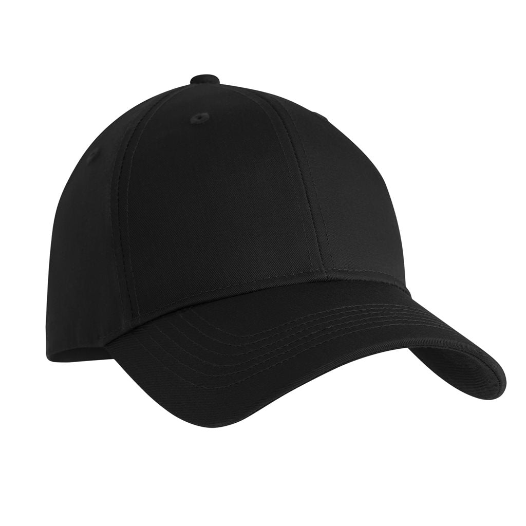 Gorra de béisbol negra de cinco paneles con banda de sudor acolchada y correa ajustable con hebilla metálica