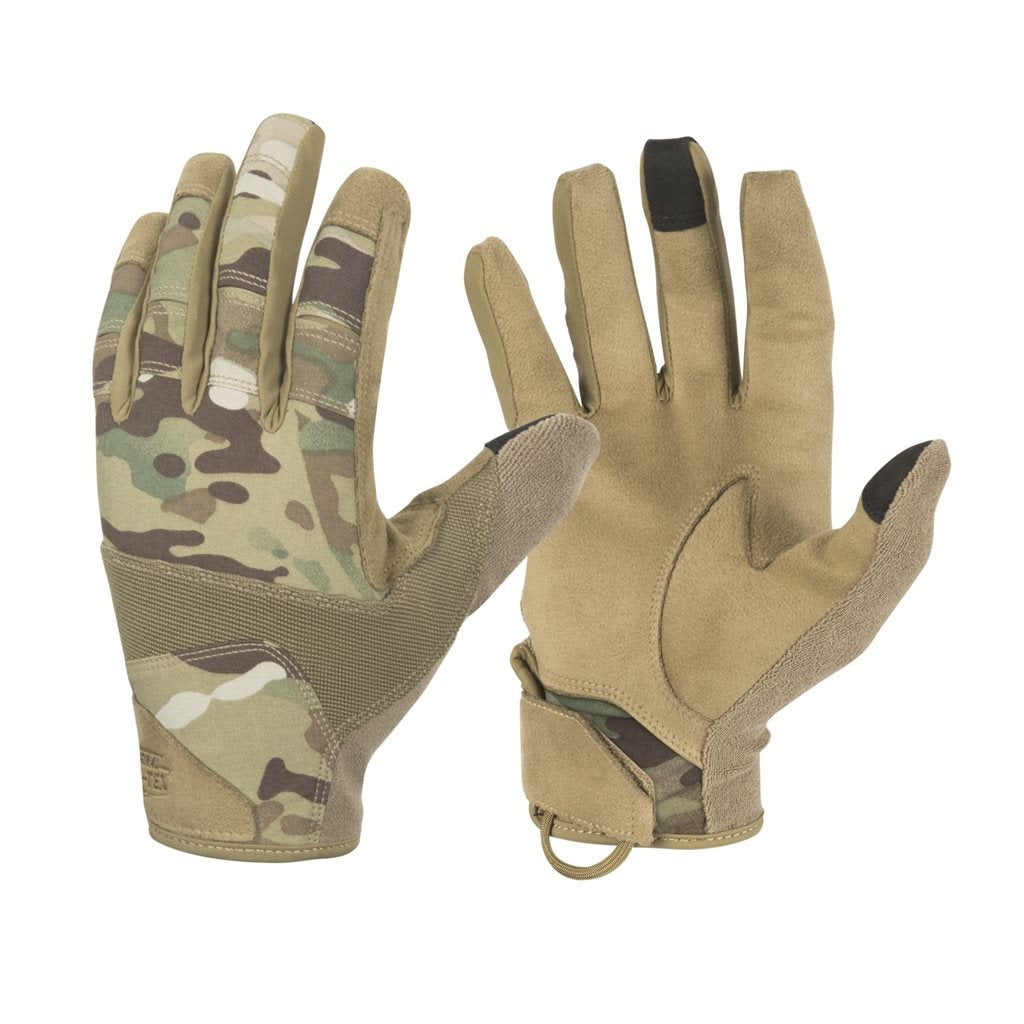 Guantes RANGE tácticos MUTICAM/COYOTE en primer plano mostrando palma y material