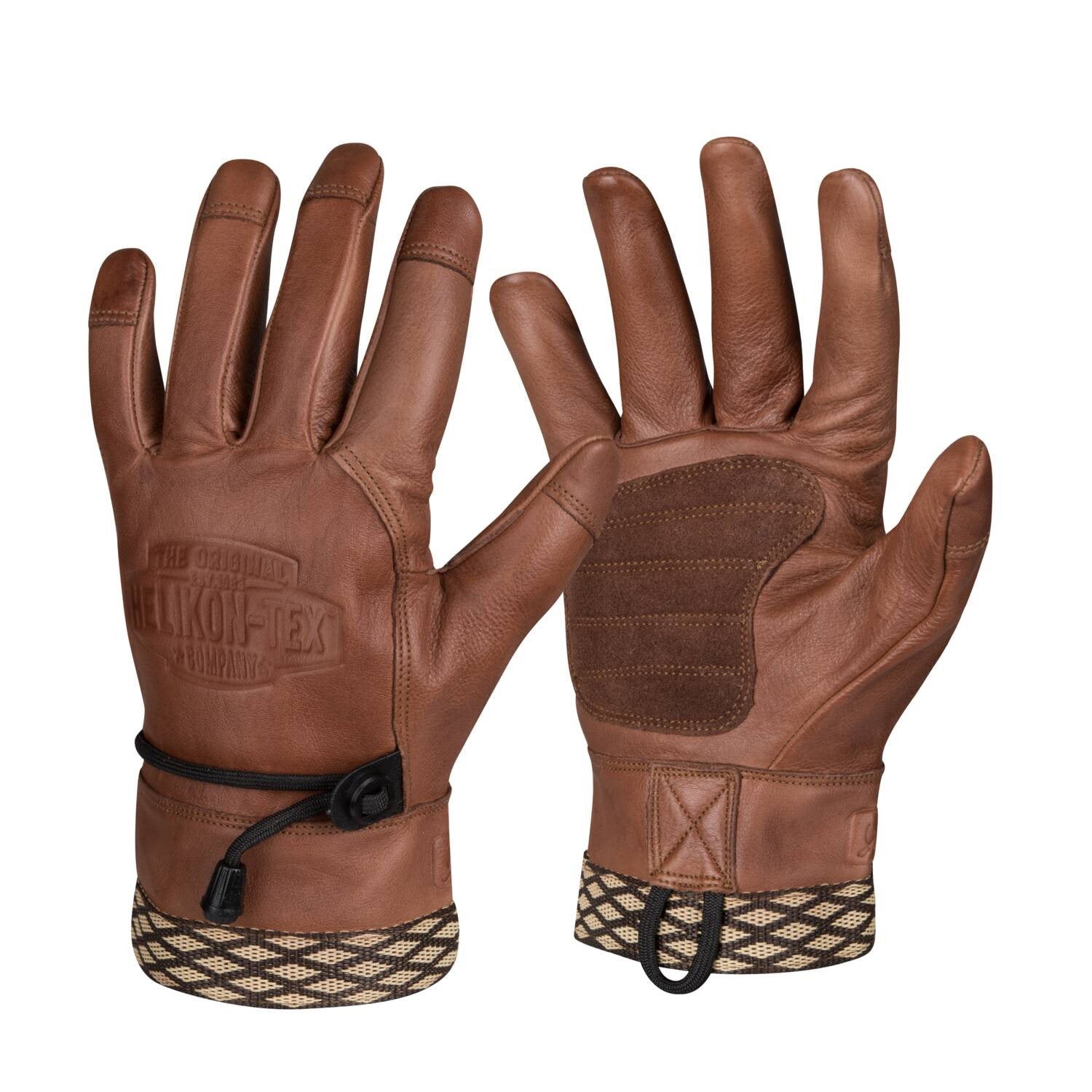 Guantes WOODCRAFTER de cuero marrón con puño ajustable y asas de tela