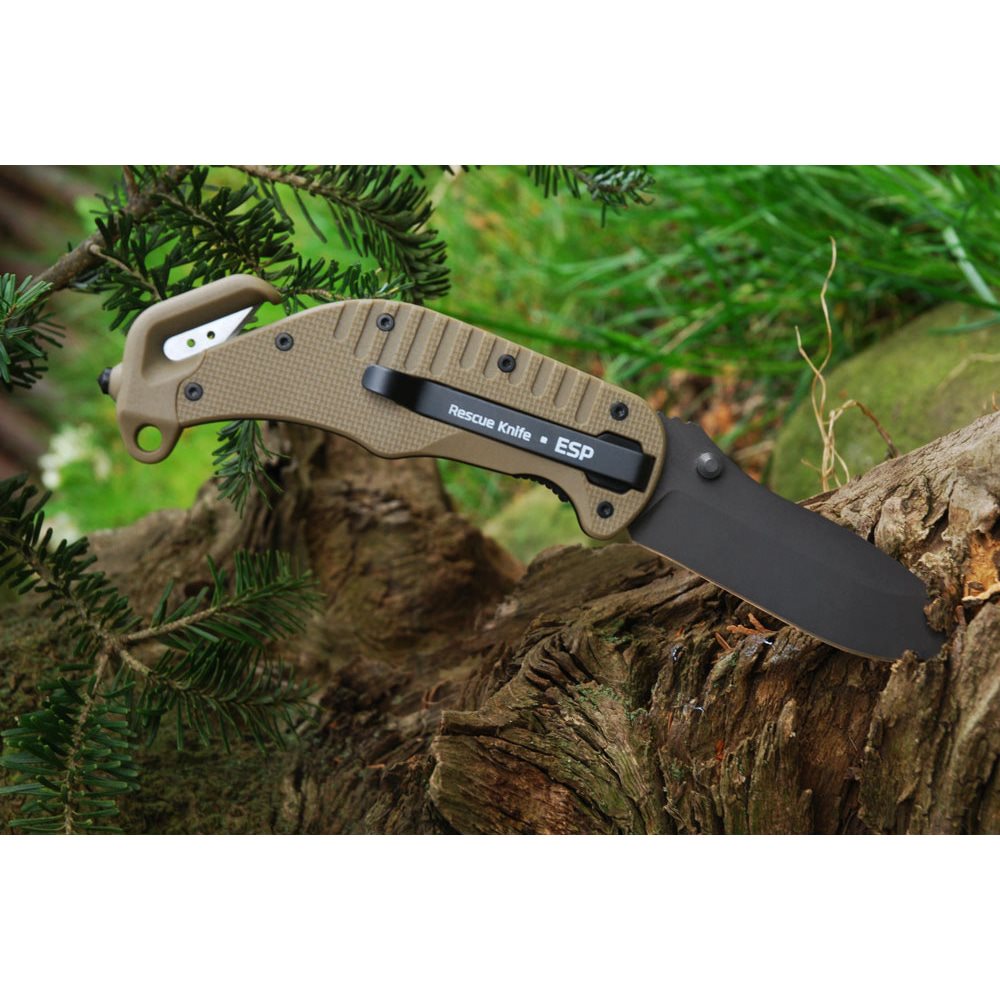 Cuchillo plegable ZÁCHRANÁŘ khaki con hoja AUS-8 y cortador de cinturones