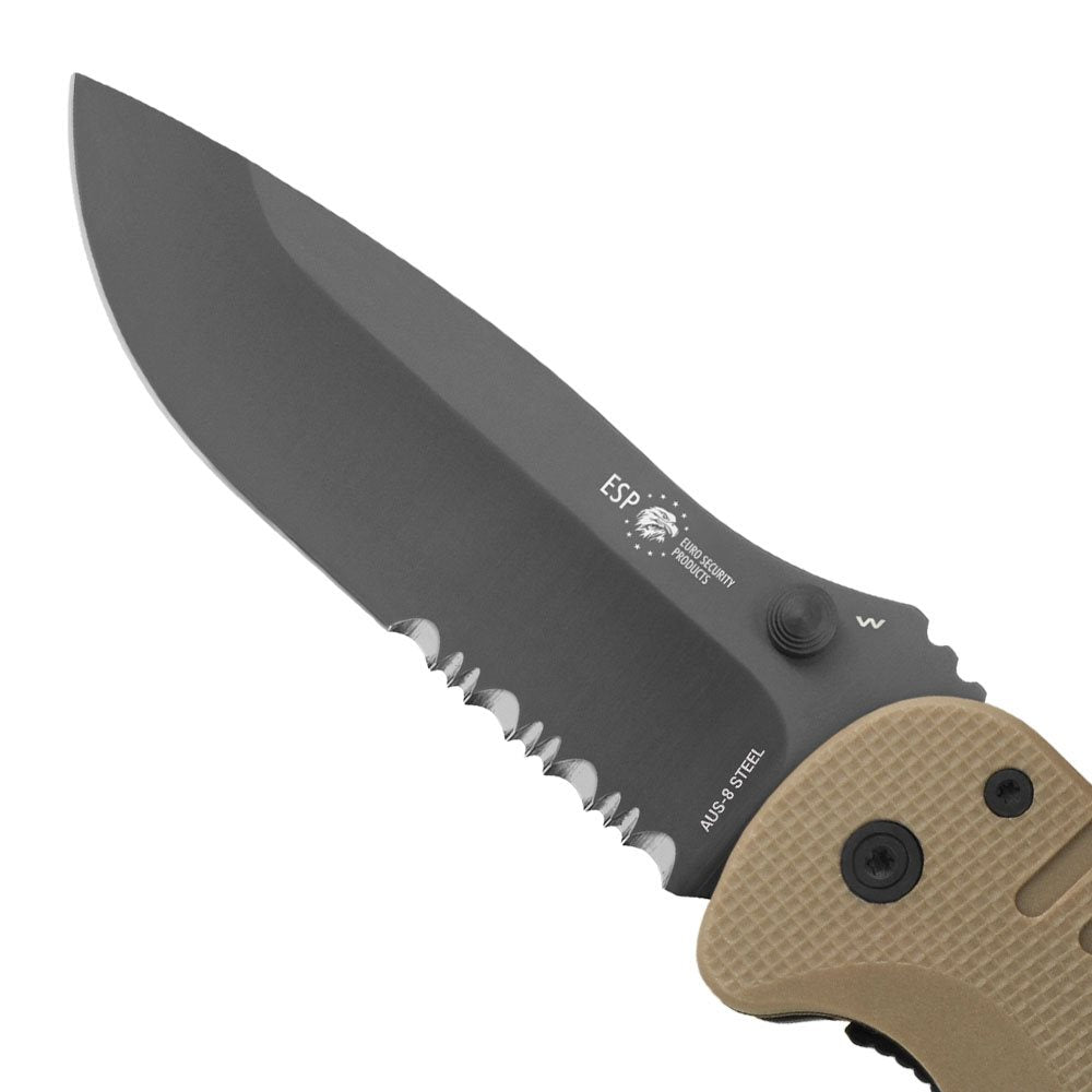 Cuchillo plegable ZÁCHRANÁŘ khaki, hoja combinada 440A con acabado PVD y bloqueo LinerLock