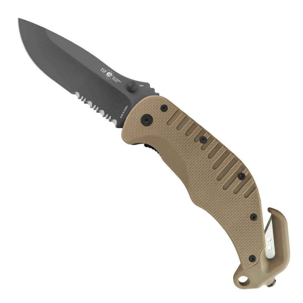 Navaja plegable negra para rescatistas con hoja combinada, acabado PVD y seguro LinerLock