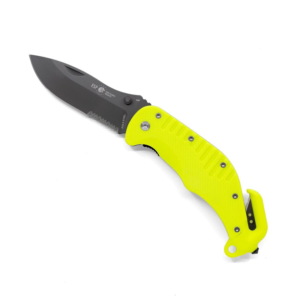 Navaja plegable de rescate amarilla con filo combinado, acero 440A y acabado PVD